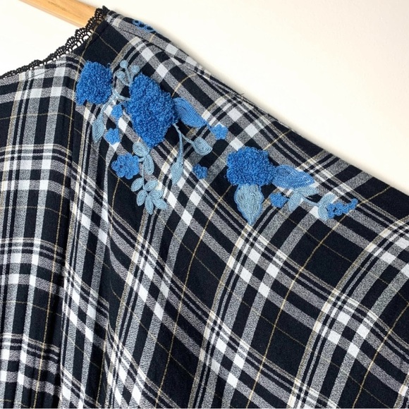 ANTHROPOLOGIE A+ Sarah Tunic Dress Black White Plaid Blue Floral Embroidered - Picture 8 of 15